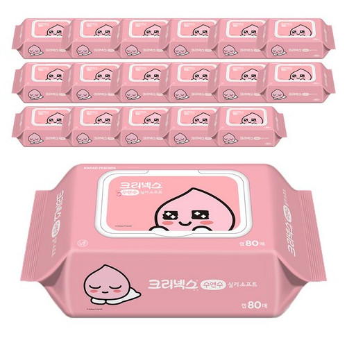 크리넥스 수앤수 실키소프트 카카오 어피치 물티슈 캡형, 80매, 18개