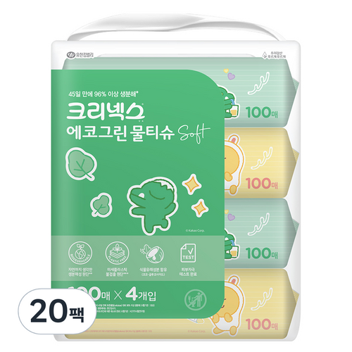 크리넥스 에코그린 소프트 물티슈 캡형, 100매, 20팩