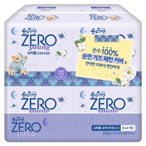 순수한면 제로 영 슈퍼롱 오버나이트 날개형, 오버나이트, 8개입, 4개