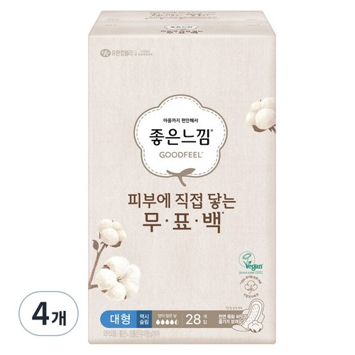 좋은느낌 순면 대형 생리대 날개형, 대형, 28개입, 4개